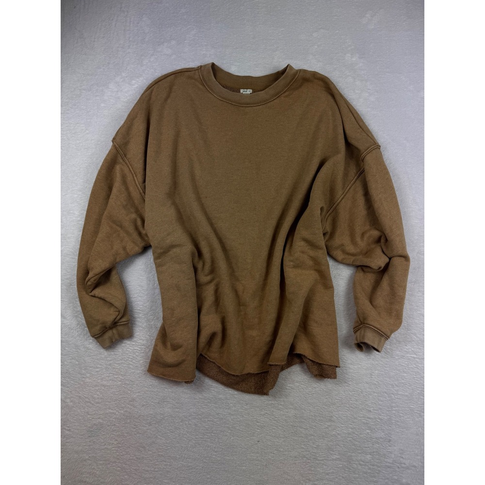 Aerie Oversized Crewneck Sweatshirt Brown Drop Shoulder Raw Hem Fleece L/G